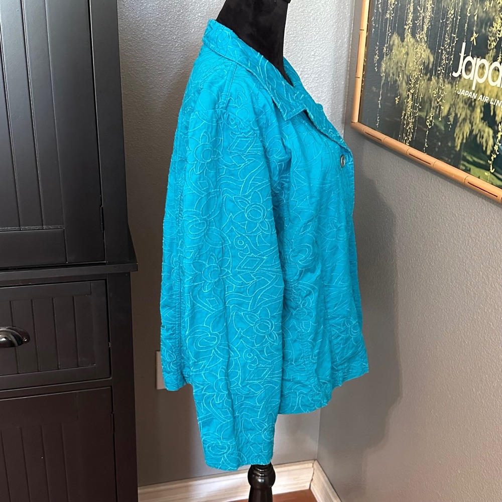Chico's Button Front Jacket Women Size 3 Teal Blue Embroidered Cotton Stretch - Picture 5 of 8